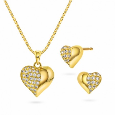Sett i forgylt sølv, hjerter med zirkonia