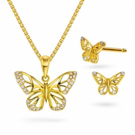 Sett i forgylt sølv, sommerfugl med zirkonia