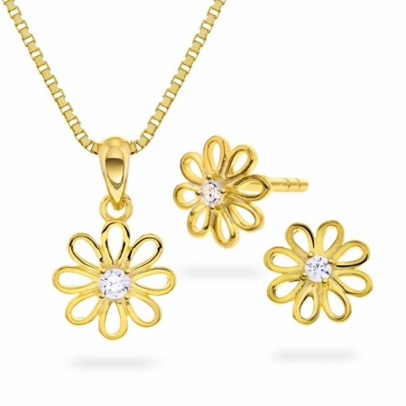 Sett i forgylt sølv Blomst med zirkonia